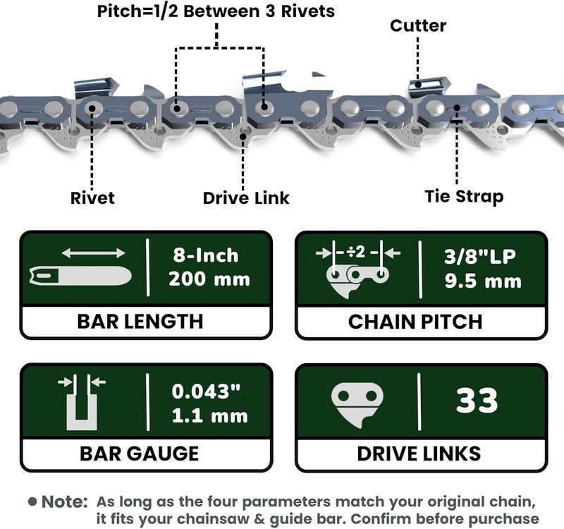 Wangenbro New 8 Inch Pruning Saw Chain 3/8"LP Pitch .043" Gauge 33 Drive Links, 8 Inch Pole Saw Blade Fit for RYOBI P4361 / P4360, Worx WG349, Milwaukee M18 FUEL 3004-20, Kobalt KPS 1024A-03 & More - R33 - Image 3
